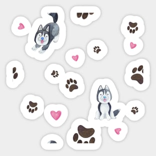 Cute Husky Paws and Hearts Pattern Sticker